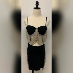 Sleeveless Black Rhinestone Cut Out Mini Bodycon Dress- AKIRA